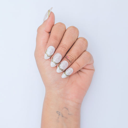 Pearl Effect with Golden Chrome Swirls Press On Nails